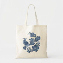 Elegante Pássaro de Arte Popular Azul e Floral