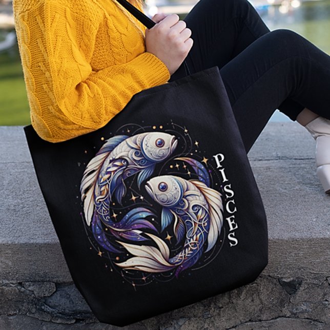 Bolsa Tote Elegante Peixes de Aquarela Zodiac Preto (Criador carregado)