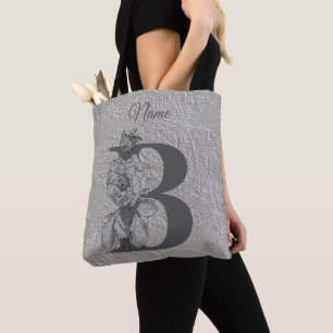 Bolsa Tote Elegante Peônia Prata Monograma Inicial B Nome