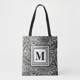 Bolsa Tote Elegante preto botânico e branco monograma