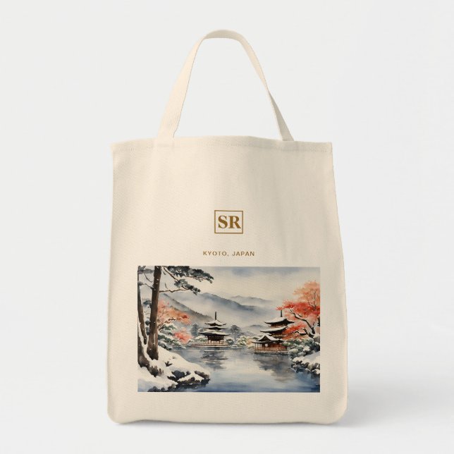 Bolsa Tote Elegante Quioto no Inverno Sacola de Lona de Arte  (Frente)