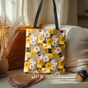 Bolsa Tote Elegante Remendo Floral com Amarelo, Cinza e Preto
