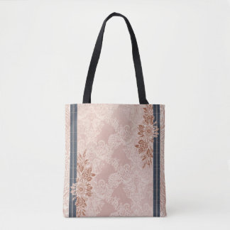 Bolsa Tote Elegante Rosa Bege Renda Ouro Rosado Floral Azul M