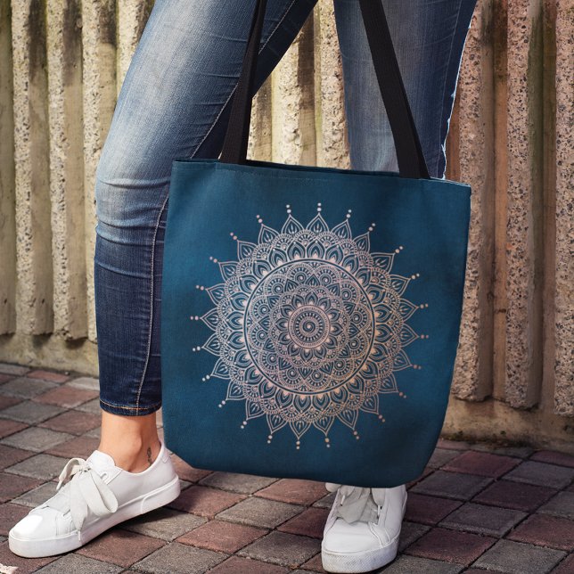 Bolsa Tote Elegante Rosa Dourado em Teal Floral Henna Mandala (Criador carregado)
