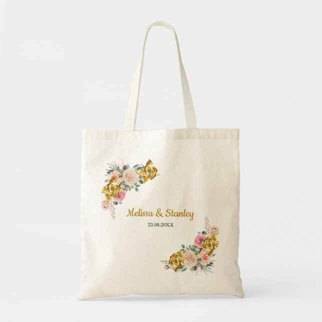 Bolsa Tote Elegante Rosa, Rosa Dourado Casamento Floral Eucal (Frente)