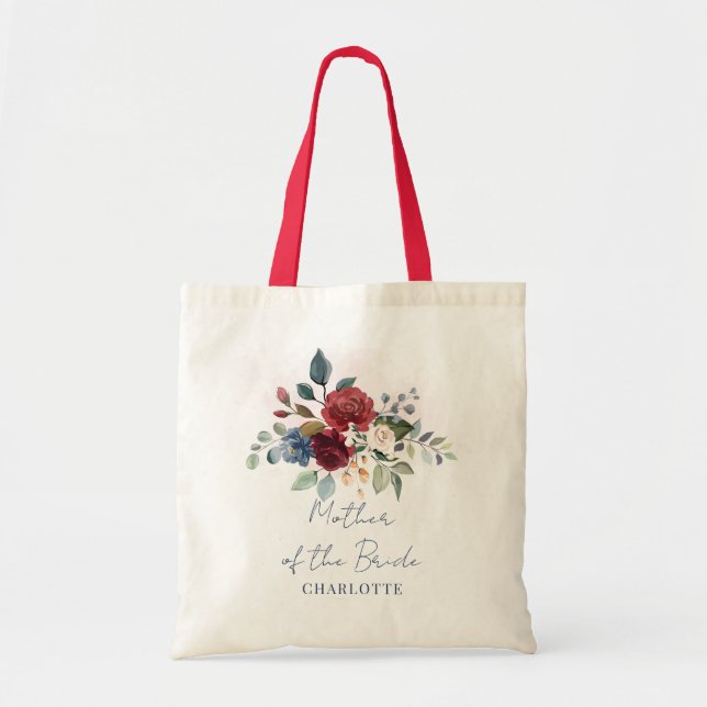 Bolsa Tote Elegante Script Floral Burgundy Mãe da Noiva (Frente)