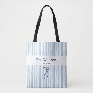 Bolsa Tote Elegante Soft Blue Retro Listra Grandmillennial