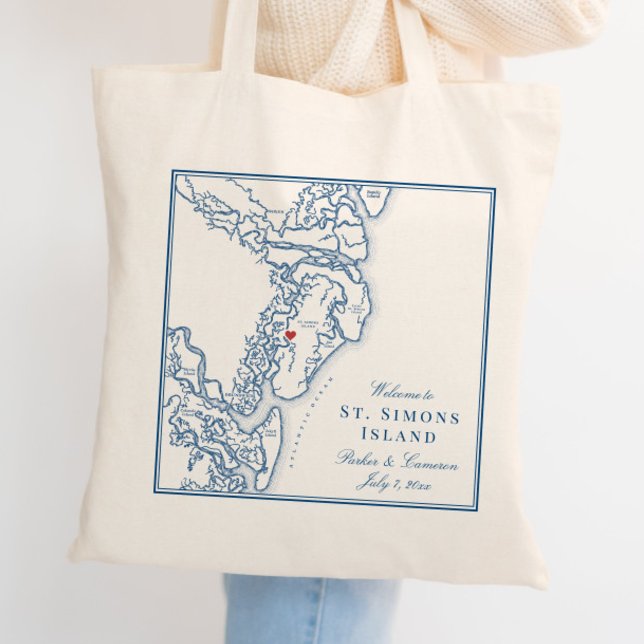 Bolsa Tote Elegante St. Simons Island Georgia Mapa Azul Casam (Elegant St. Simons Island Georgia Wedding Tote Bag with navy blue map )