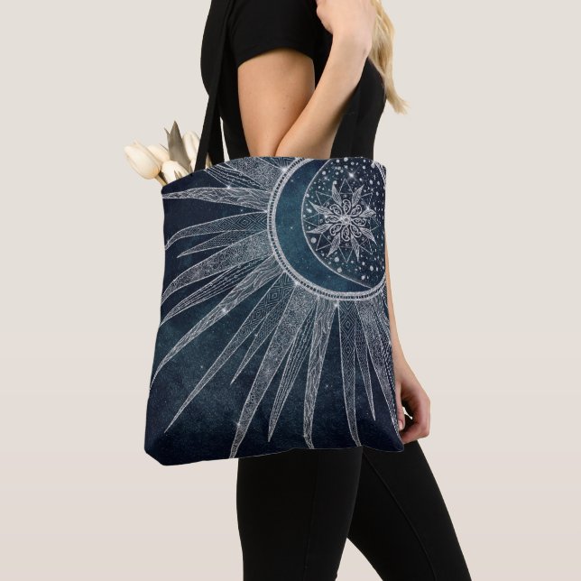 Bolsa Tote Elegante Sun Moon Doodle Mandala Blue Design (Close Up)