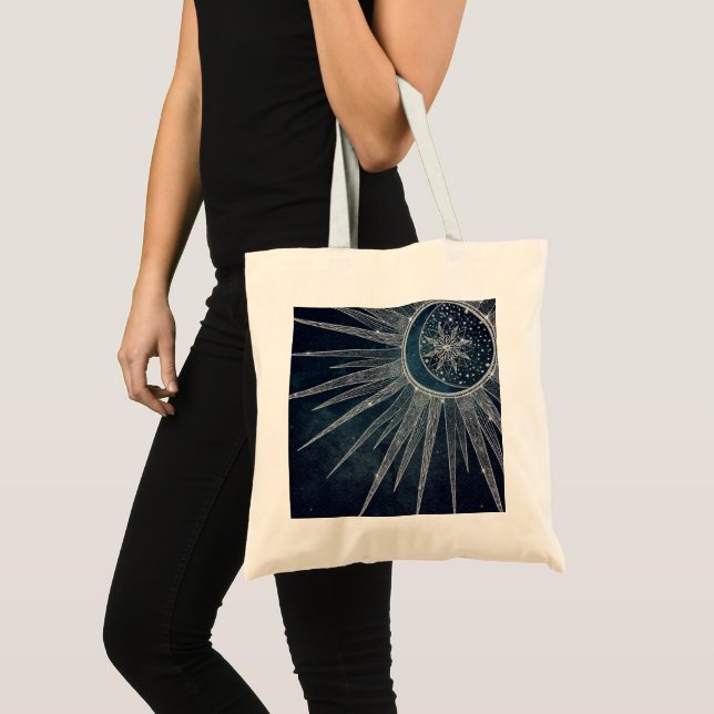 Bolsa Tote Elegante Sun Moon Doodle Mandala Blue Design (Frente (produto))