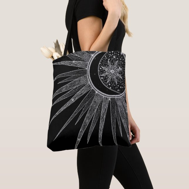 Bolsa Tote Elegante Sun Moon Mandala Black Design (Close Up)