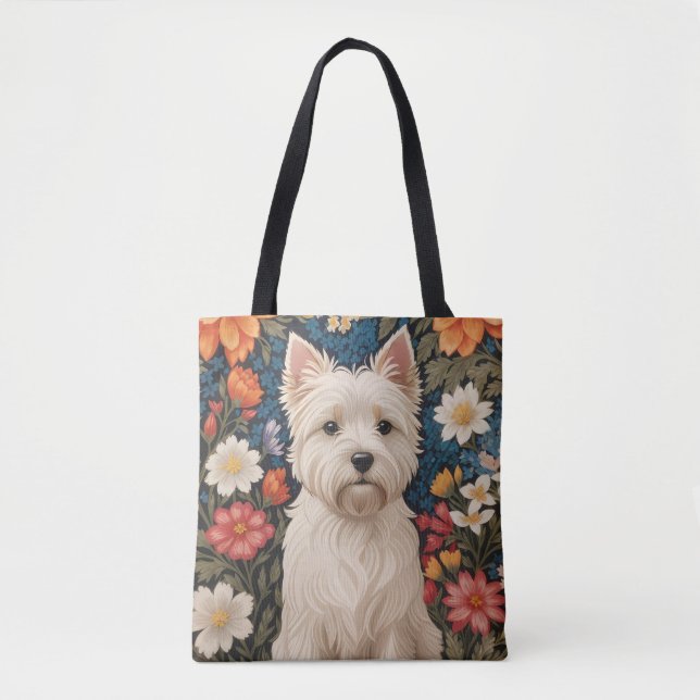 Bolsa Tote Elegante terrier do West Highland colorido floral (Frente)