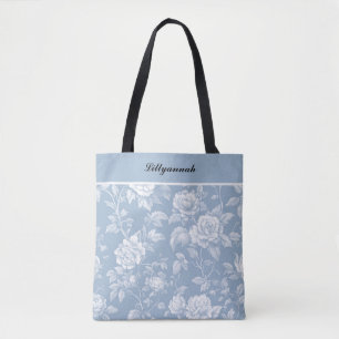 Bolsa Tote Elegante Vintage Dusty Toile Floral Azul Luxe