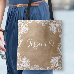 Bolsa Tote Elegante Vintage White Outline Floral Bridal