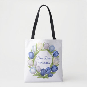 Bolsa Tote Elegante Watercolor Tulip Wreath Casamento Blue Iv