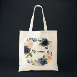 Bolsa Tote Elegante Winter Floral Calliografia Bridesmaid<br><div class="desc">Esta elegante sacola de dama da caligrafia floral de inverno é o presente perfeito para apresentar suas madrinhas e madrinha de casamento para um casamento moderno. O design apresenta belas flores azuis escuras,  azuis,  marinhos,  rosa,  pinceladas,  douradas e folhagem verde pintadas manualmente,  amontoadas em buquês elegantes.</div>