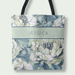 Bolsa Tote Elegantes Flores Botânicas Nome Verde Floral Salvi