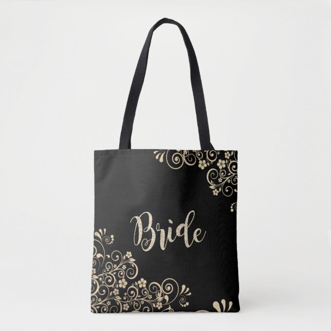 Bolsa Tote Elegantes Flores Douradas Chiques, Noiva (Frente)