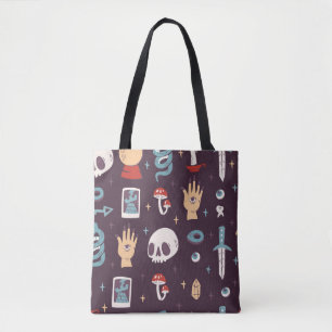 Bolsa Tote Elementos mágicos: crânio, tarot sem soldadura