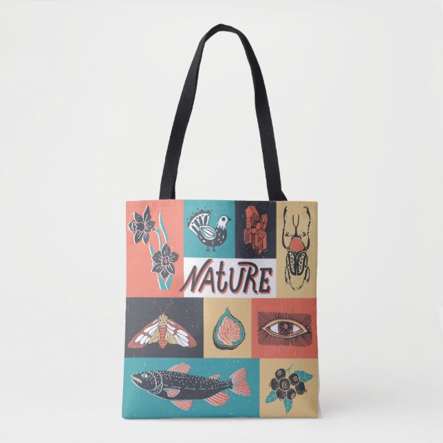 Bolsa Tote Elementos Natureza, Ícones de Estilo Retroativo. (Frente)