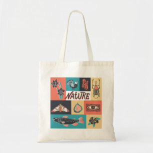 Bolsa Tote Elementos Natureza, Ícones de Estilo Retroativo.