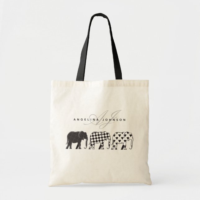 Bolsa Tote Elephants , Black and White Pattern Monogram Name (Frente)