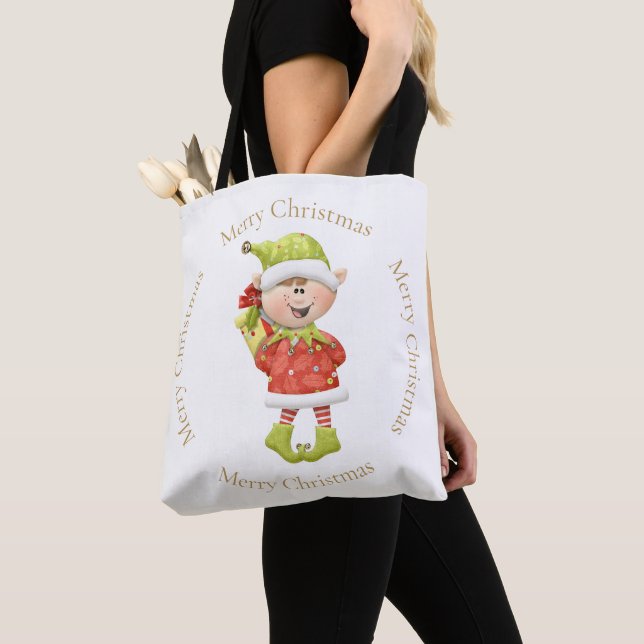 Bolsa Tote Elf de Natal com Presente (Close Up)