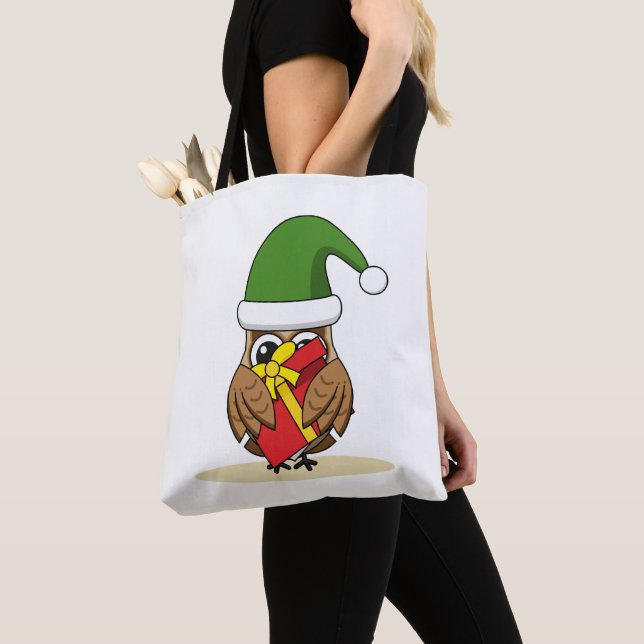 Bolsa Tote Elf Owl de Natal com Presente (Close Up)