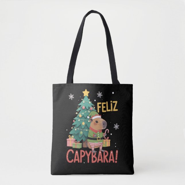 Bolsa Tote Elfo Capivara Feliz Árvore de Natal  (Frente)