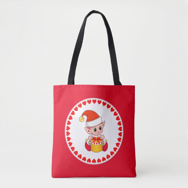 Bolsa Tote Elfo de Natal bonito rodeado de corações em vermel (Frente)