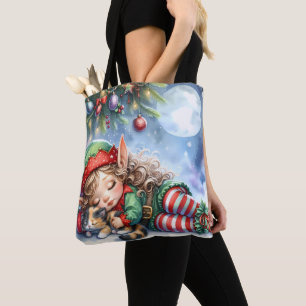 Bolsa Tote Elfo de Natal Dormindo com Gatinho Calico
