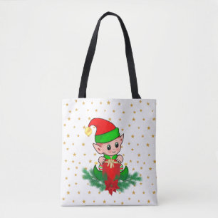 Bolsa Tote Elfo de Natal, pinheiro, poinsettia e estrelas