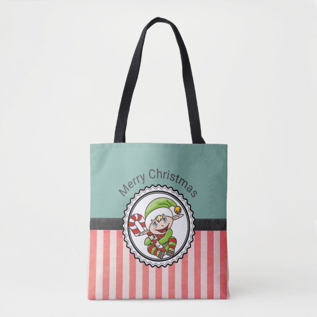 Bolsa Tote Elfo Festivo Bonito com Candy Cane Feliz Natal (Frente)