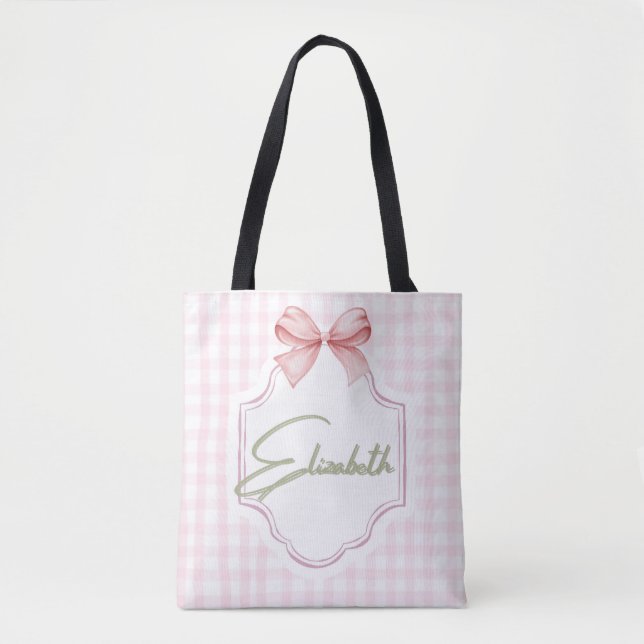 Bolsa Tote Elizabeth Baby Girl Nursery Gingham Personalizada (Frente)