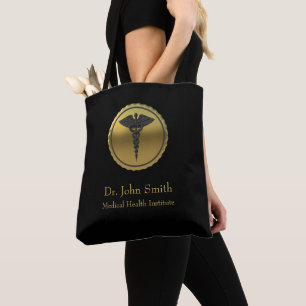 Bolsa Tote Emblema Caduceu Médico Profissional em 3D Dourado
