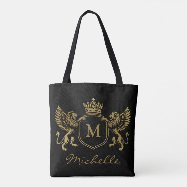 Bolsa Tote Emblema Real Coroa Leões Monograma Script Dourado (Verso)