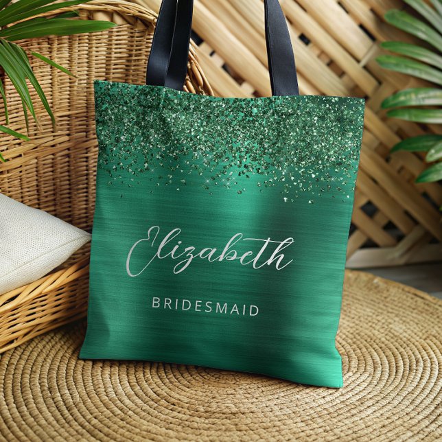 Bolsa Tote Emerald Green Glam Metallic Script Bridesmaid (Criador carregado)