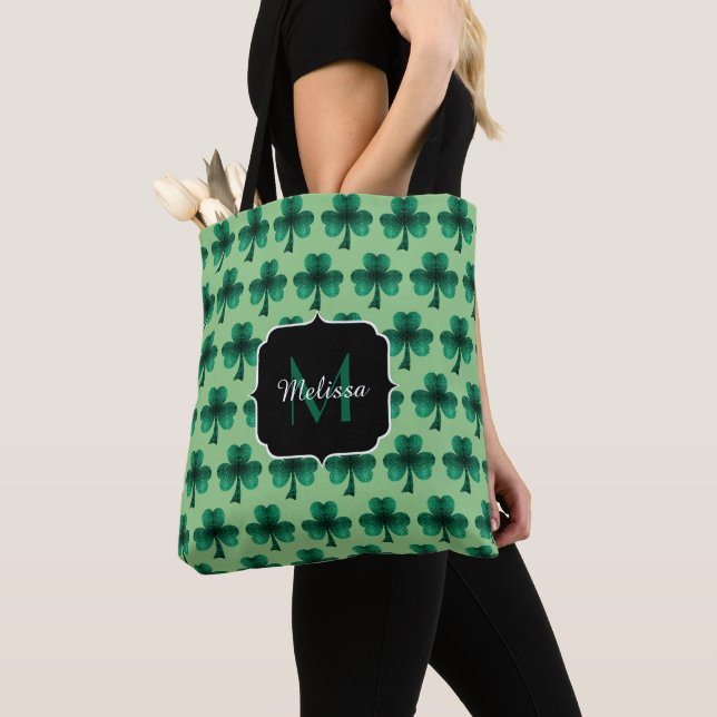 Bolsa Tote Emerald Green Sparkle Shamrock Rua Patrick Monogra (Close Up)