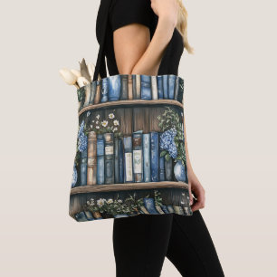 Bolsa Tote Encadernações de Livros de Hidrangea Azul em Aquar