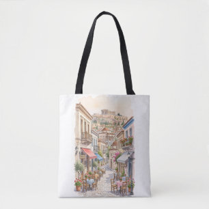 Bolsa Tote Encantadora Atenas Grécia Rua Aquarela