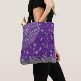 Bolsa Tote Encantando Mandala com Estrelas de Prata em Roxo