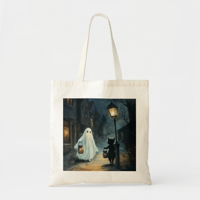 Bolsa Tote Encontro de Ghost e Gato do Halloween (Frente)