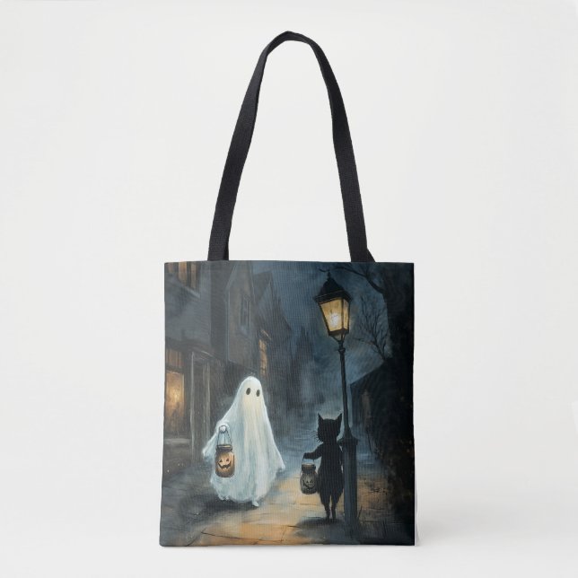 Bolsa Tote Encontro de Ghost e Gato do Halloween (Frente)