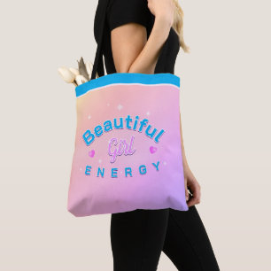 Bolsa Tote Energia de Menina Bonita Texto Curvo Azul em ROSA