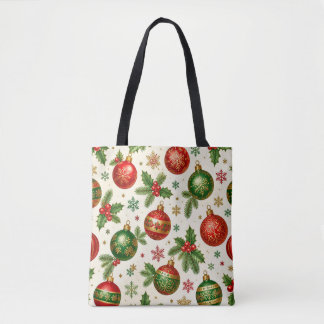 Bolsa Tote Enfeites de Natal Antigos & Padrão de Azevinho – V