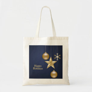 Bolsa Tote Enfeites Dourados de Natal Estrelas Azul Marinho E