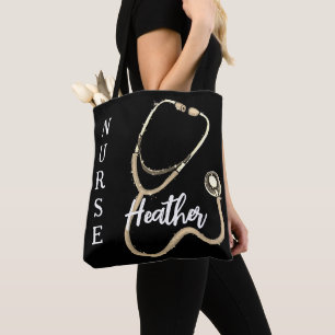 Bolsa Tote Enfermeira Dourada Stethoscope Negra Minimalista