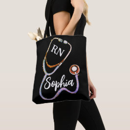 Bolsa Tote Enfermeira RN Dourada Roxo Estetoscópio Negro Mini