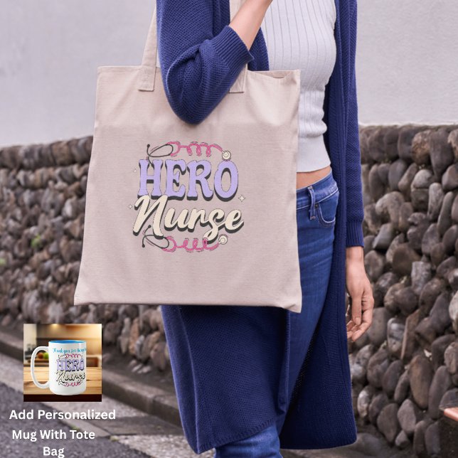 Bolsa Tote Enfermeira Simples Hero Pinks & Tipografia Violeta (Add Personalized Mughttps://www.zazzle.com/cute_gratitude_nurse_blues_typography_personalize_two_ton)