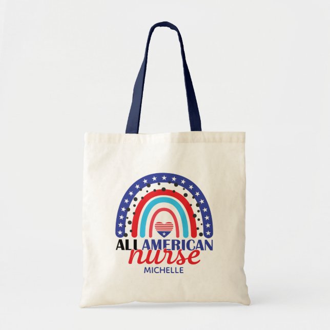 Bolsa Tote Enfermeira Todos os Sinalizadores Americanos Nome  (Frente)